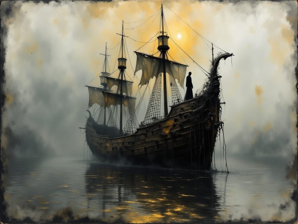 Majestic Abandoned Ship in Twilight Fog