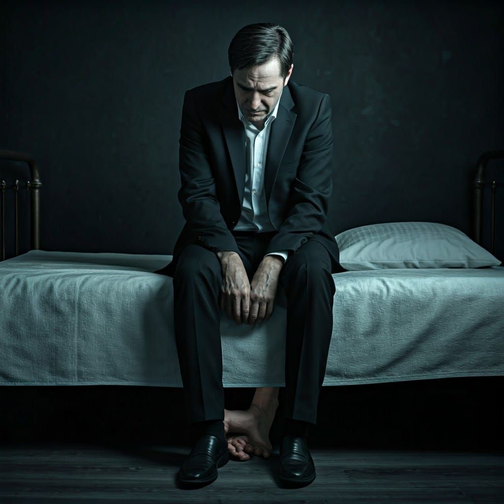 Grief-Stricken Man Mourning in Dark Room: Cinematic Still