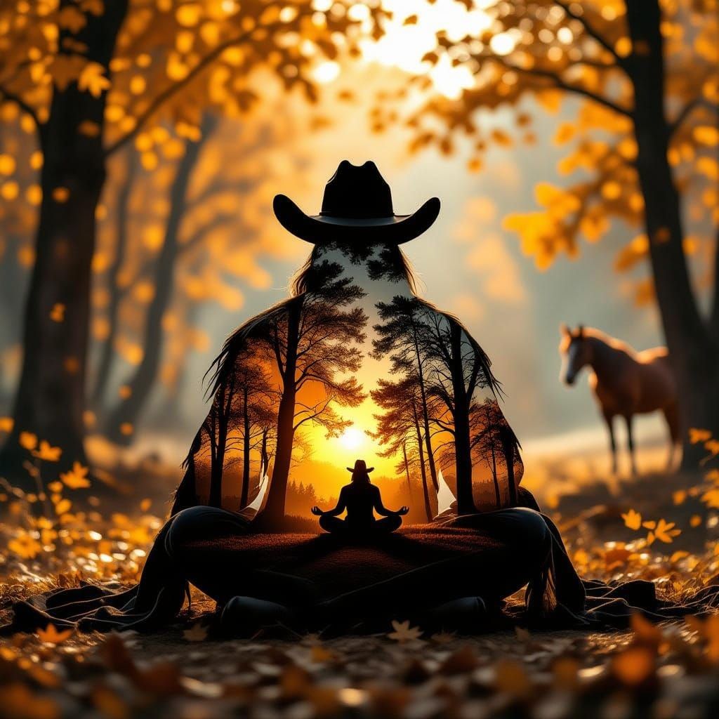 Cowboy Meditation Silhouette with Autumn Forest Double Expos...