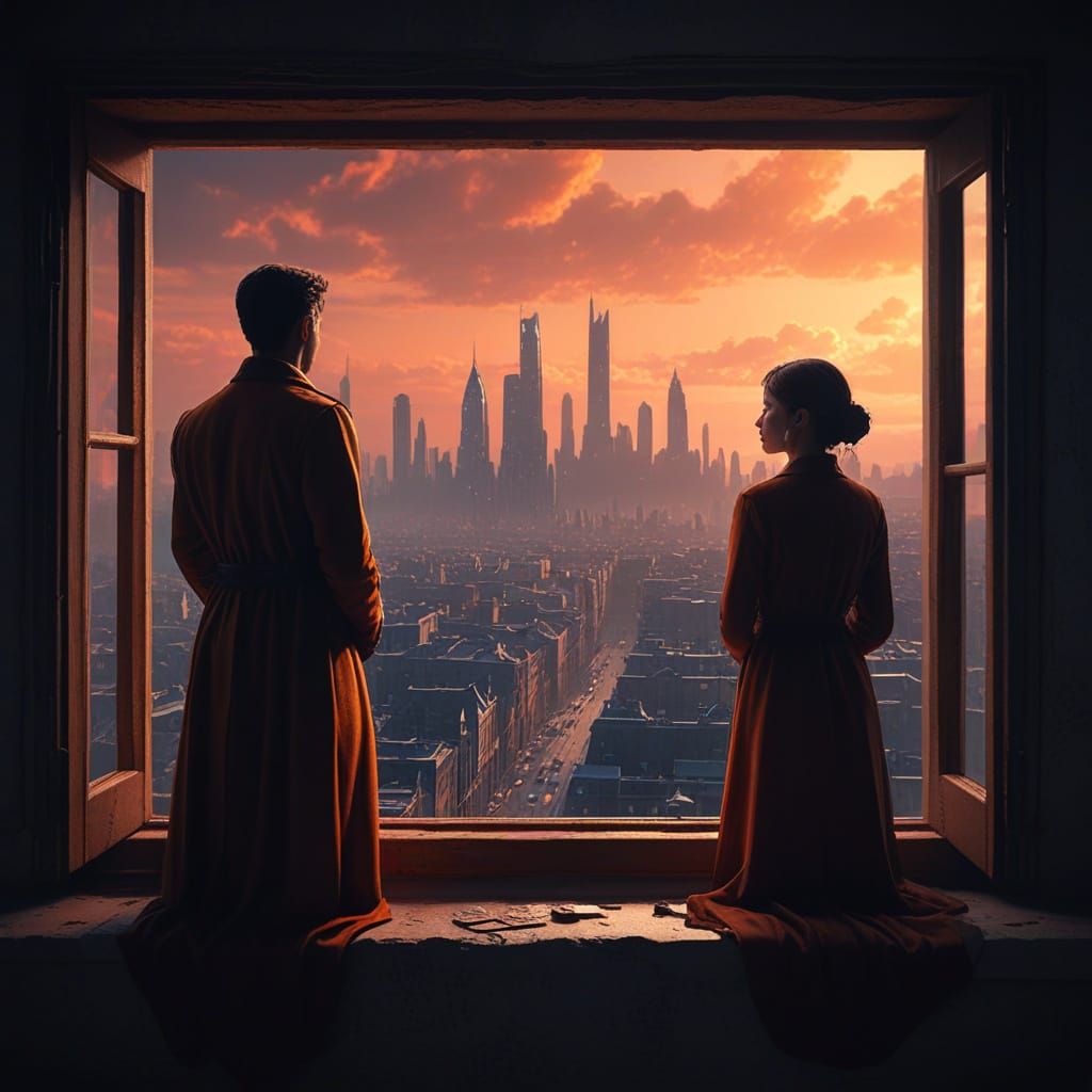 Figures Watch Cityscape from Window: Cinematic Digital Matte...