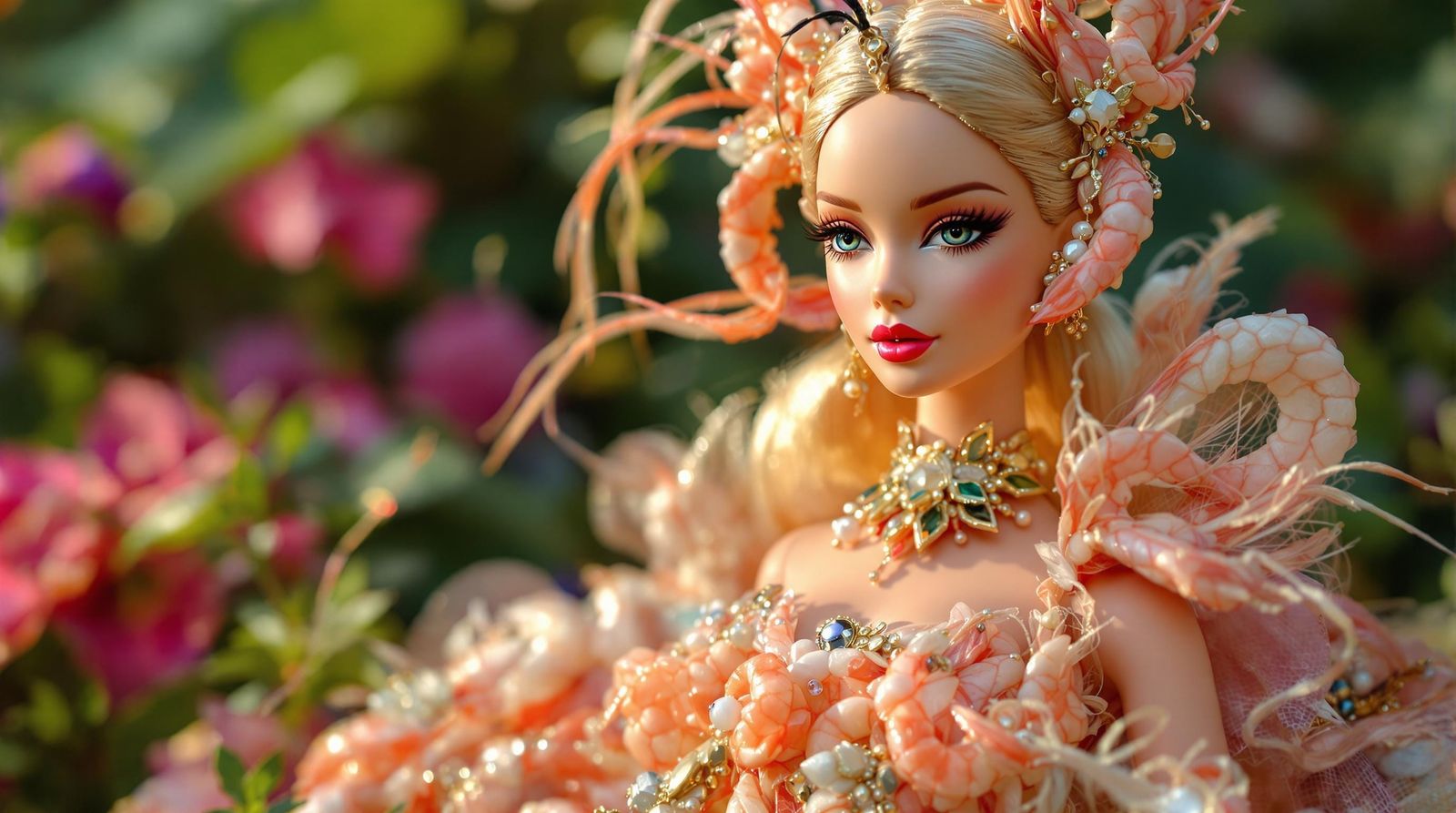 Barbie Dressed in Shrimp Gown in Natural Setting