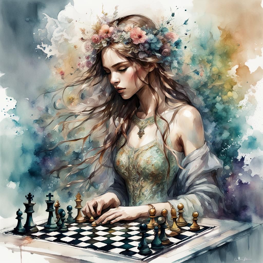 Fantasy Watercolor: Girl Playing Chess Fairytale