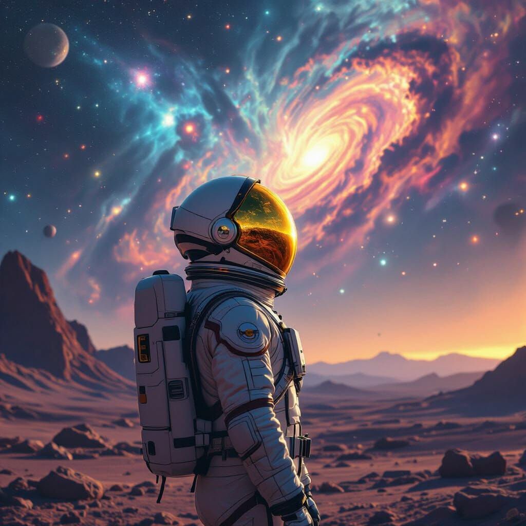 Astronaut Gazing at Cosmic Ballet on Alien Planet