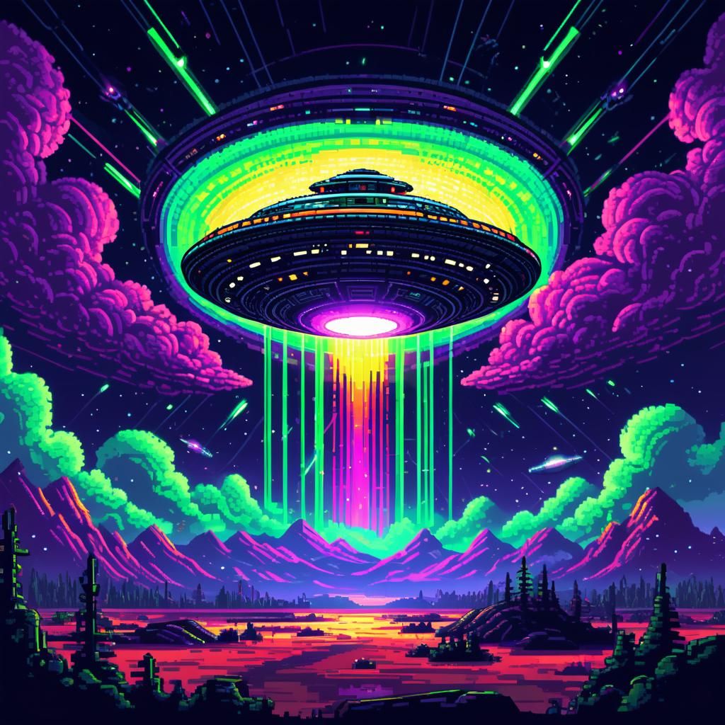 UFO Abduction of Aliens in Pixel Art Style