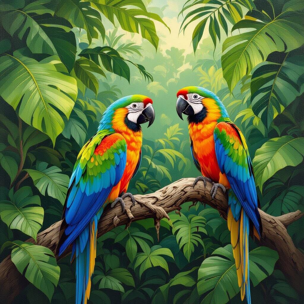 Vibrant Macaws Perched on a Lush Branch