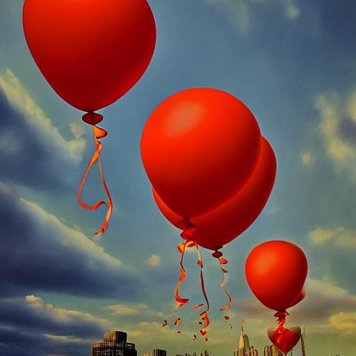 Surreal Metropolis: Man Releases Balloons in Oil Painting