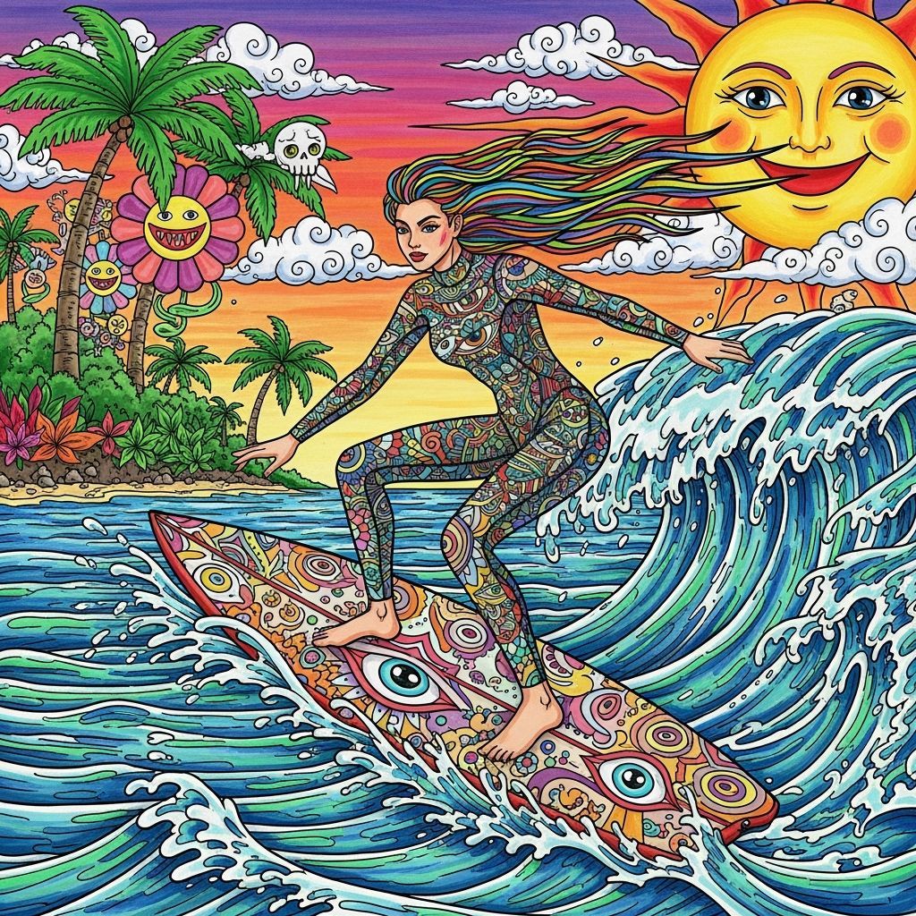 Vibrant Surfer Girl Illustration in Superflat Aesthetic