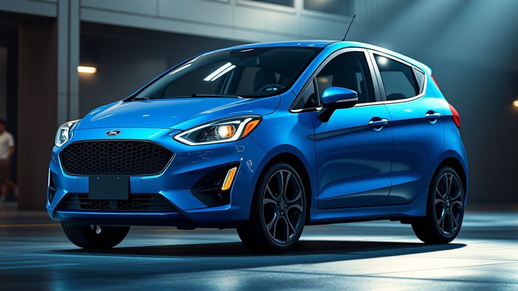 Futuristic 2025 Ford Yaris Electric Hatchback in Neon Blue