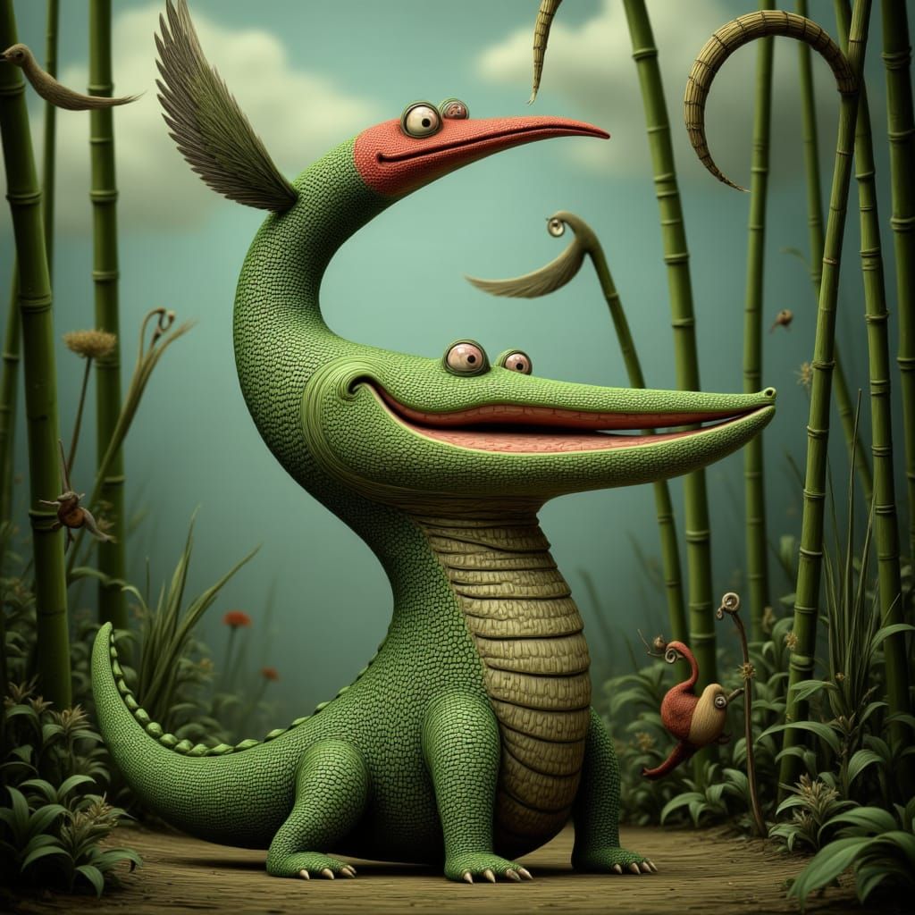 Surreal Crocodile and Bird in Bamboo Forest