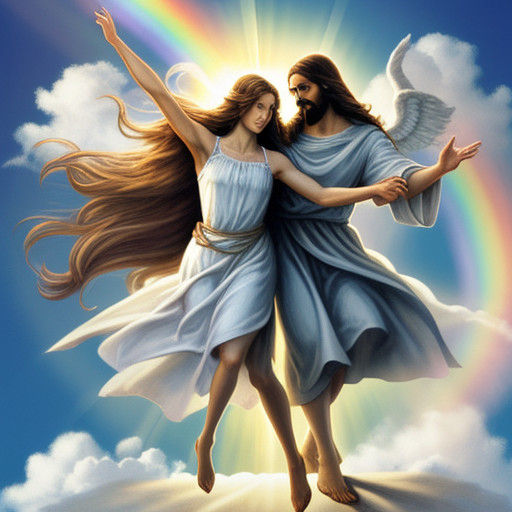 Jesus and an Angel Dancing on a Heavenly Rainbow