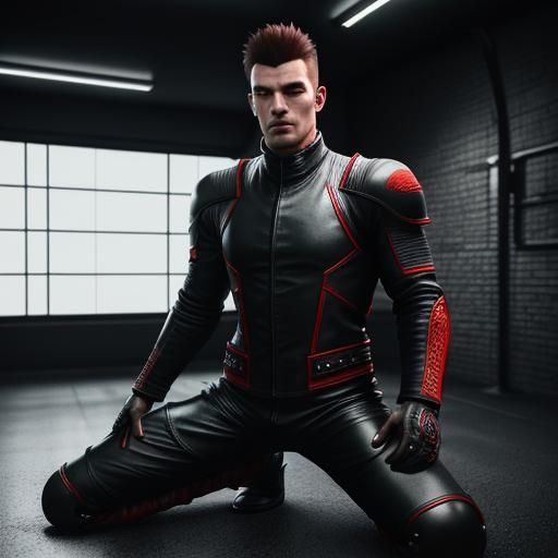 Muscular Man in Leather Suit in Dungeon, 3D Render