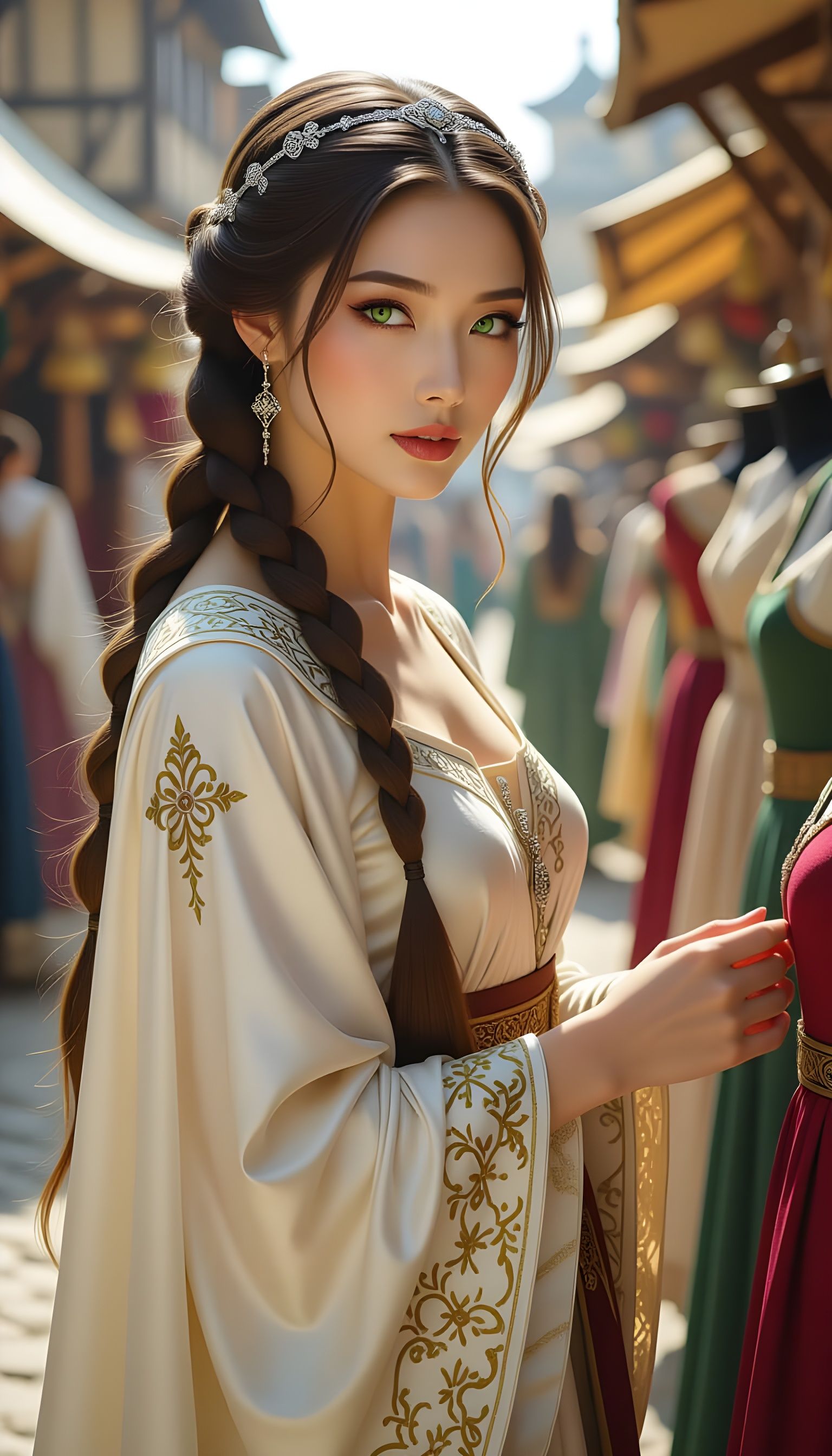 Asian Woman Browsing Dresses in Medieval Market