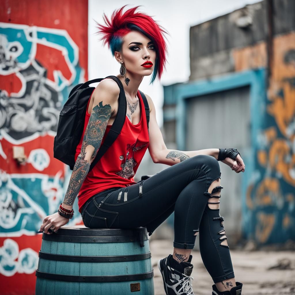 Punk Girl in Denim Shorts on Red Barrel