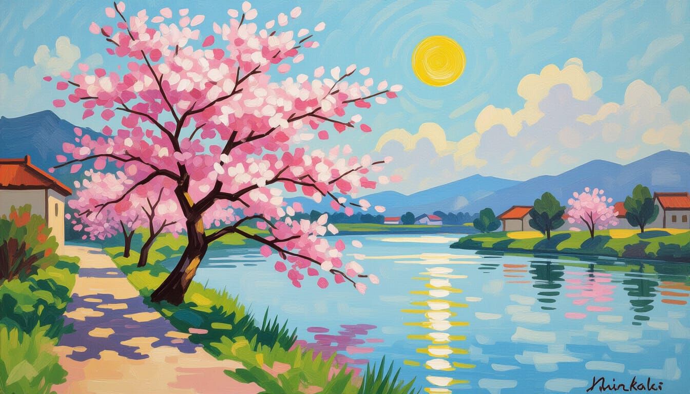 Cherry Blossom Sunset: Impressionistic Japanese Waterscape
