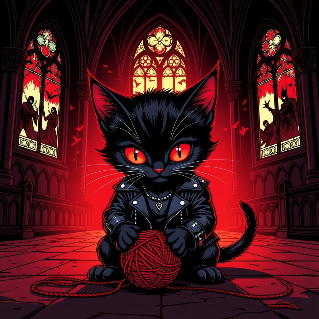 Demon Kitten Plays in Gothic Cathedral, Comic Book Style