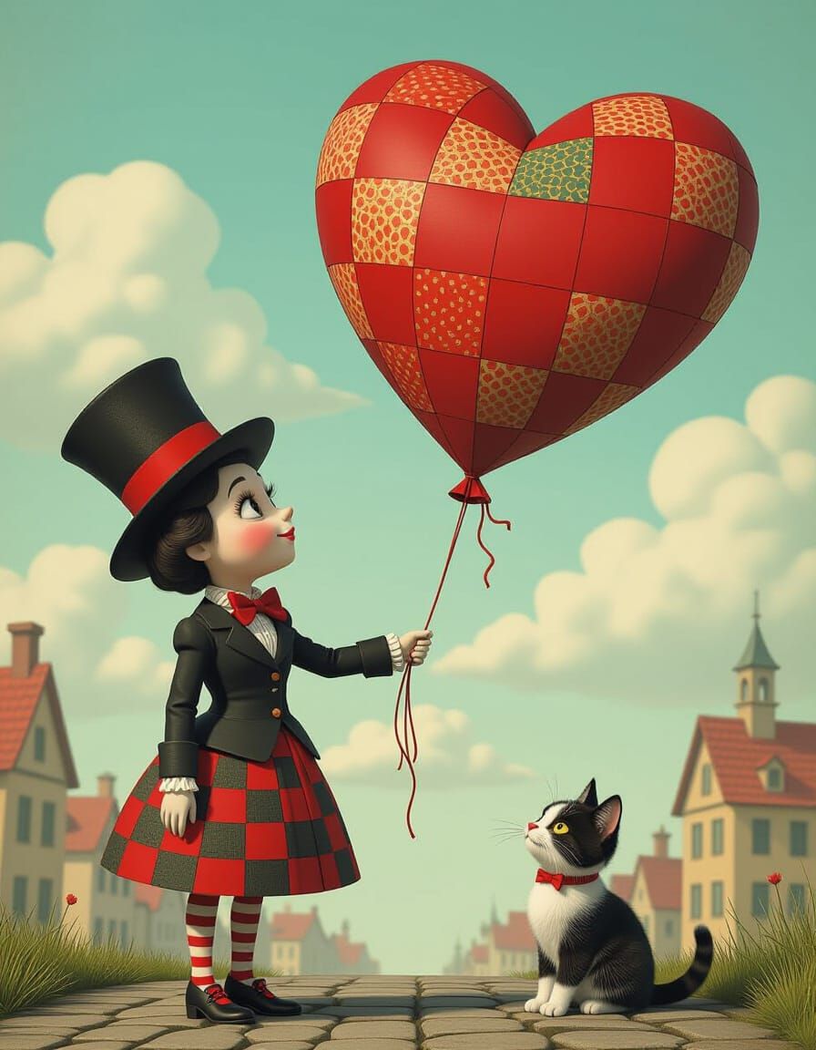 Whimsical Character with Heart Balloon in Mixed Media