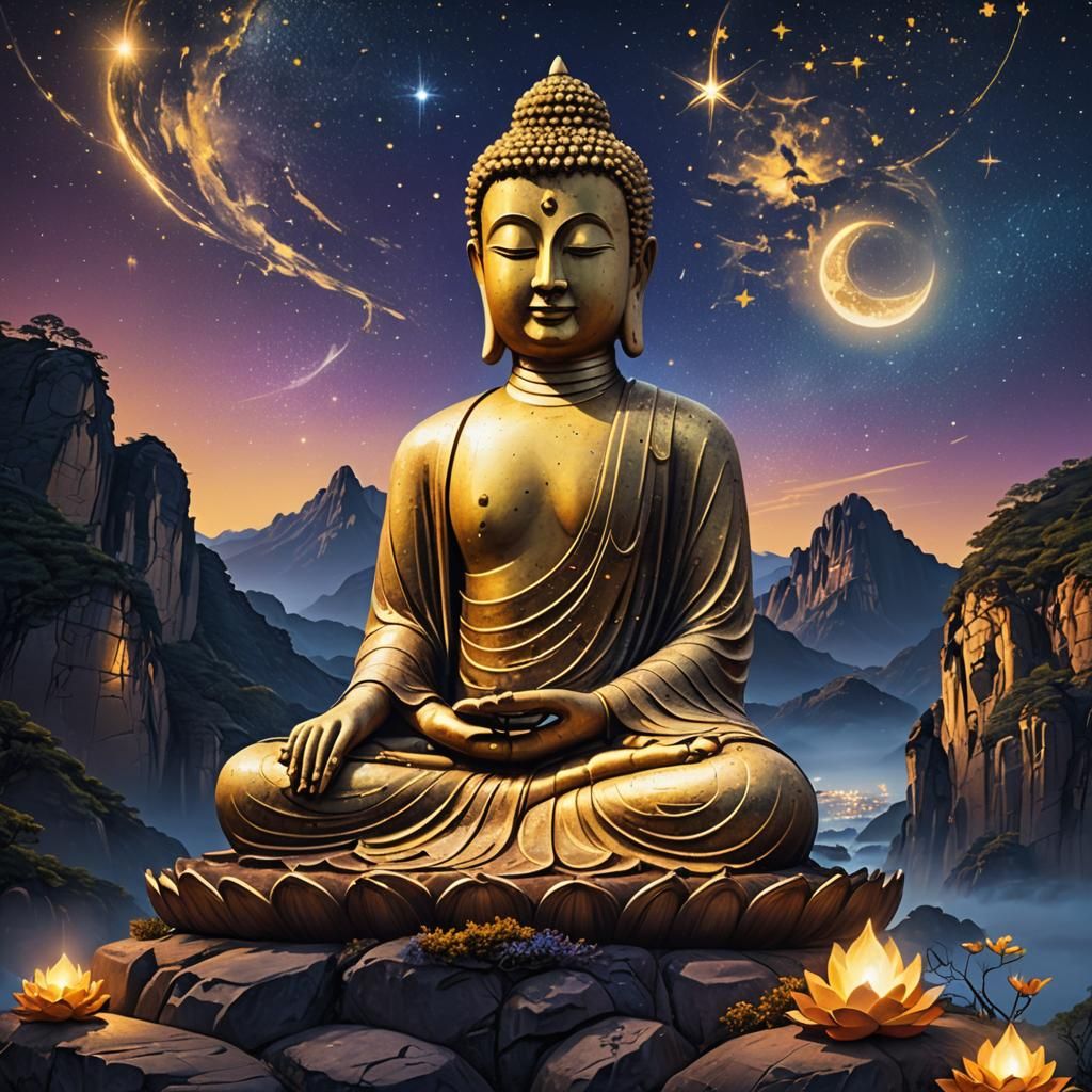 Buddha Statue Shining Under Starry Night Sky
