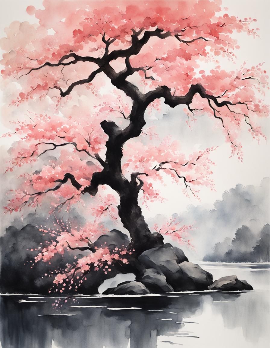 Minimalist Sakura Tree in Gouache Style