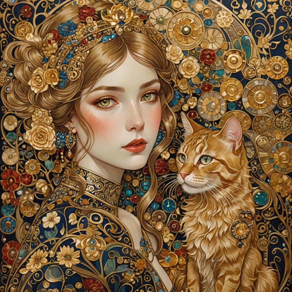 Art Nouveau Girl with Flatulent Cat, Klimt-Inspired