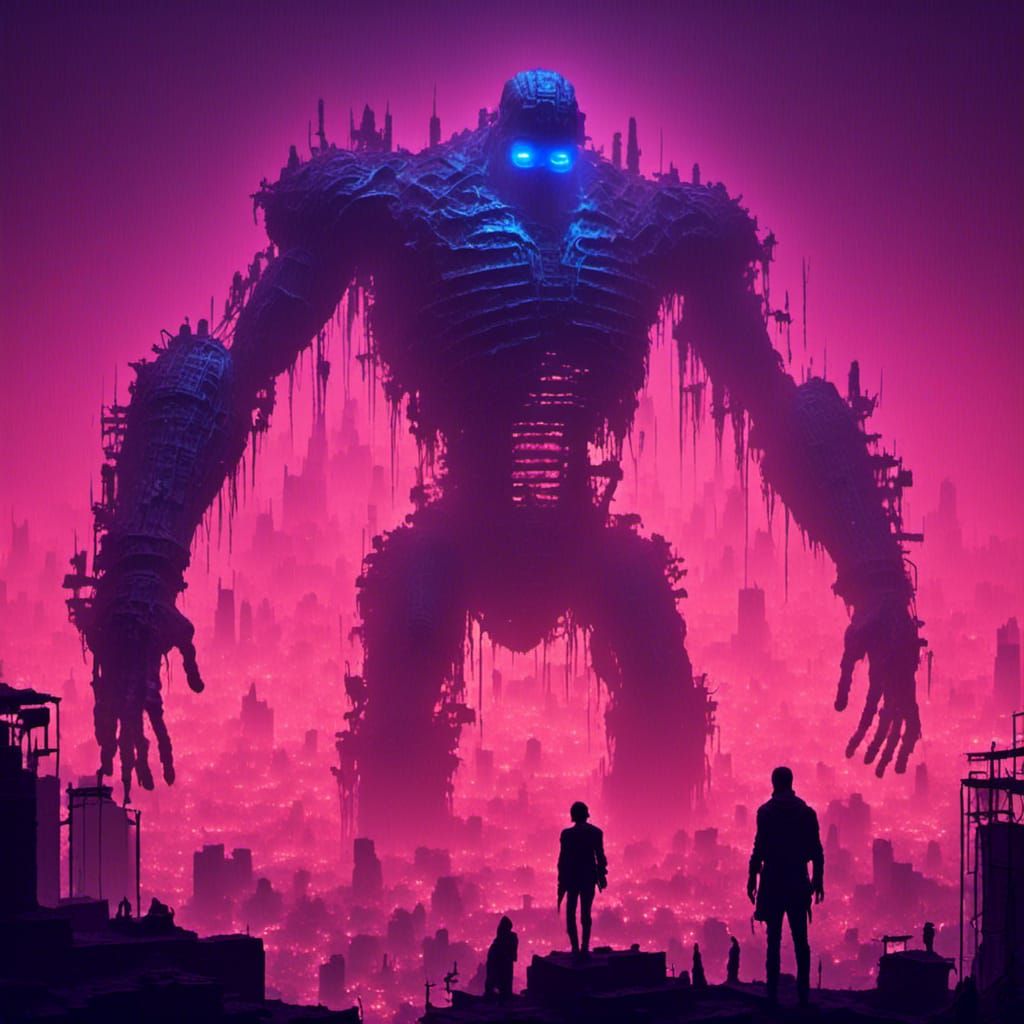 Cyberpunk Titan Over Metropolis in Neon Lights
