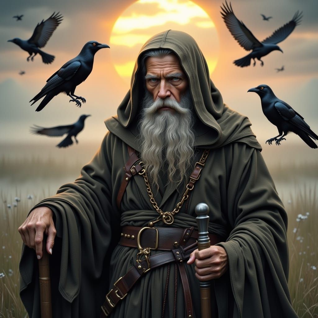 Ethereal Elder with Staff, Surrounded by Crows in a Golden S...