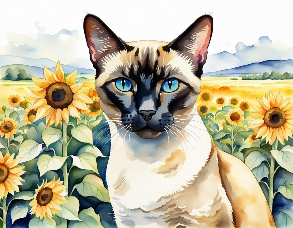 Siamese Cat in Sunflower Field Watercolor Portrait