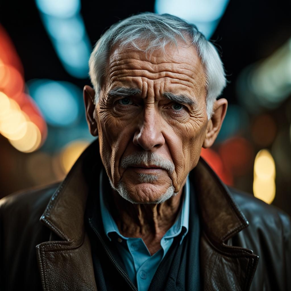 Cyberpunk Old Man Portrait with Cigarette