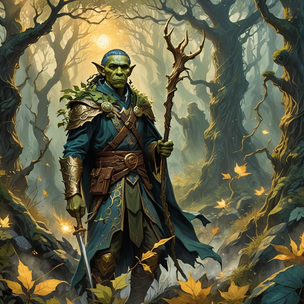 Mystical Half Orc Elf Druid in Vibrant Fantasy Landscape