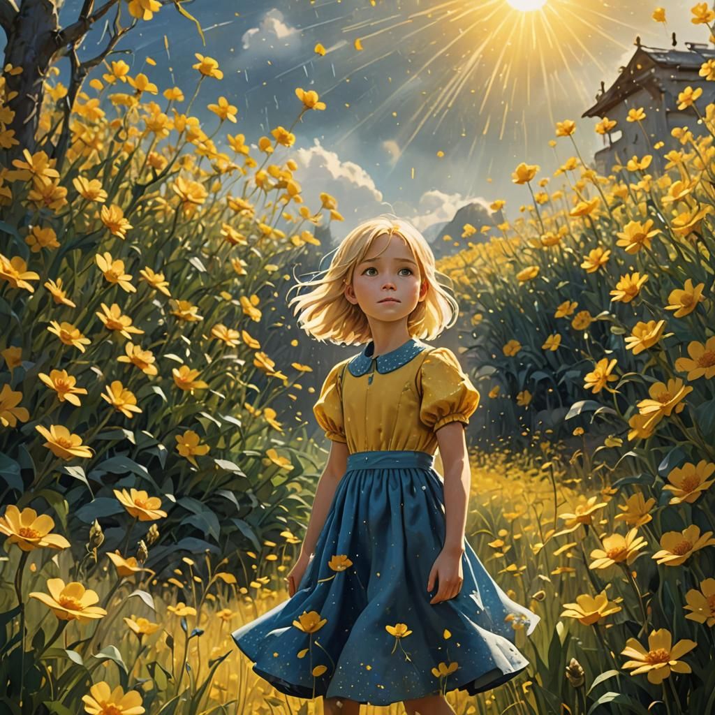 Girl in Flower Field: Fantasy Watercolor Art