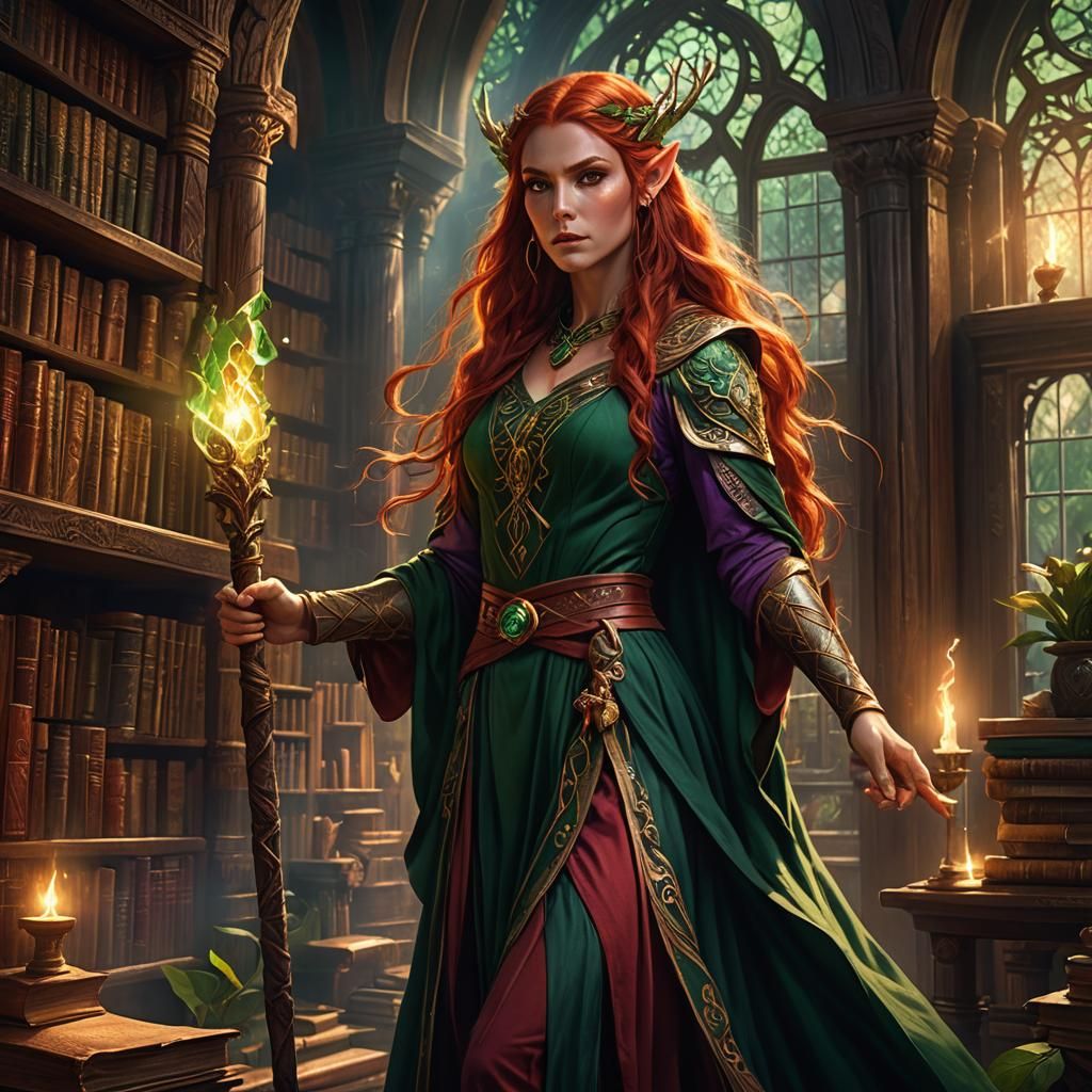 Wood-Elf Druid in Mystical Library Concept Art