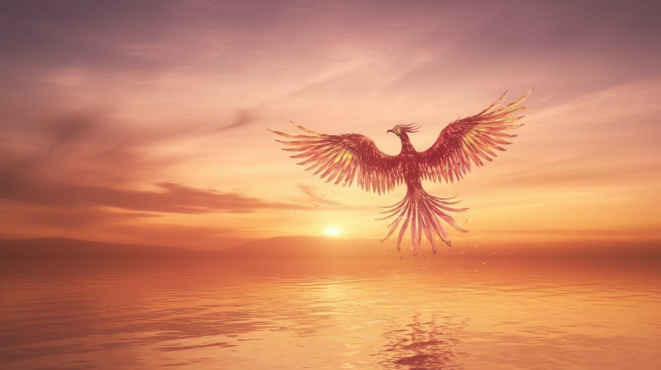 Majestic Phoenix Spreads Iridescent Wings at Golden Sunset