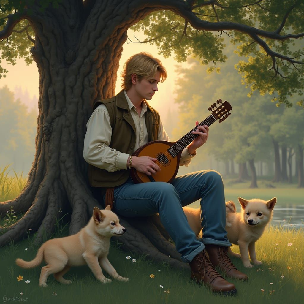 Man with Lyre and Wolf Pups in Hyperrealism