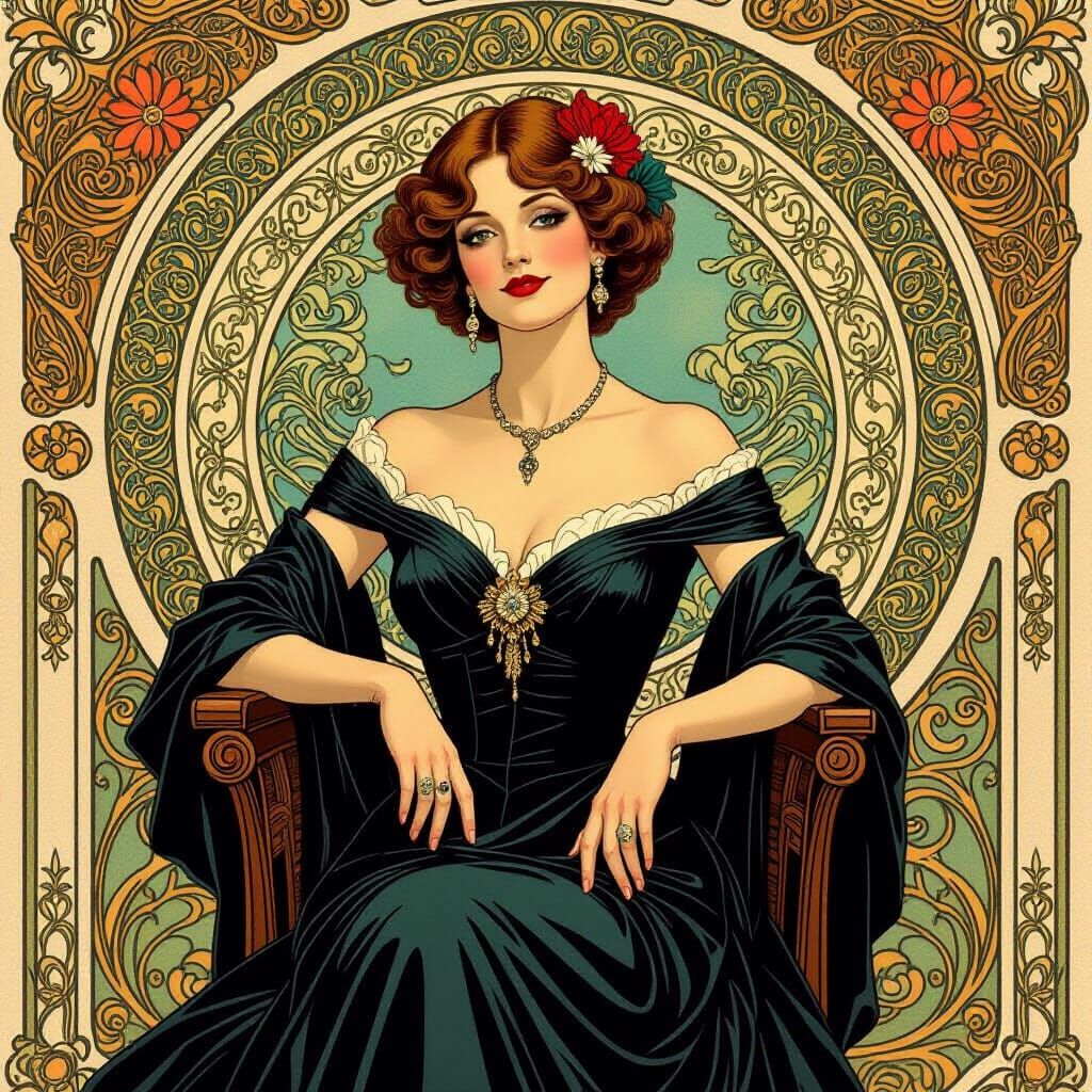Elegant Woman in Art Nouveau Style, Detailed Portrait