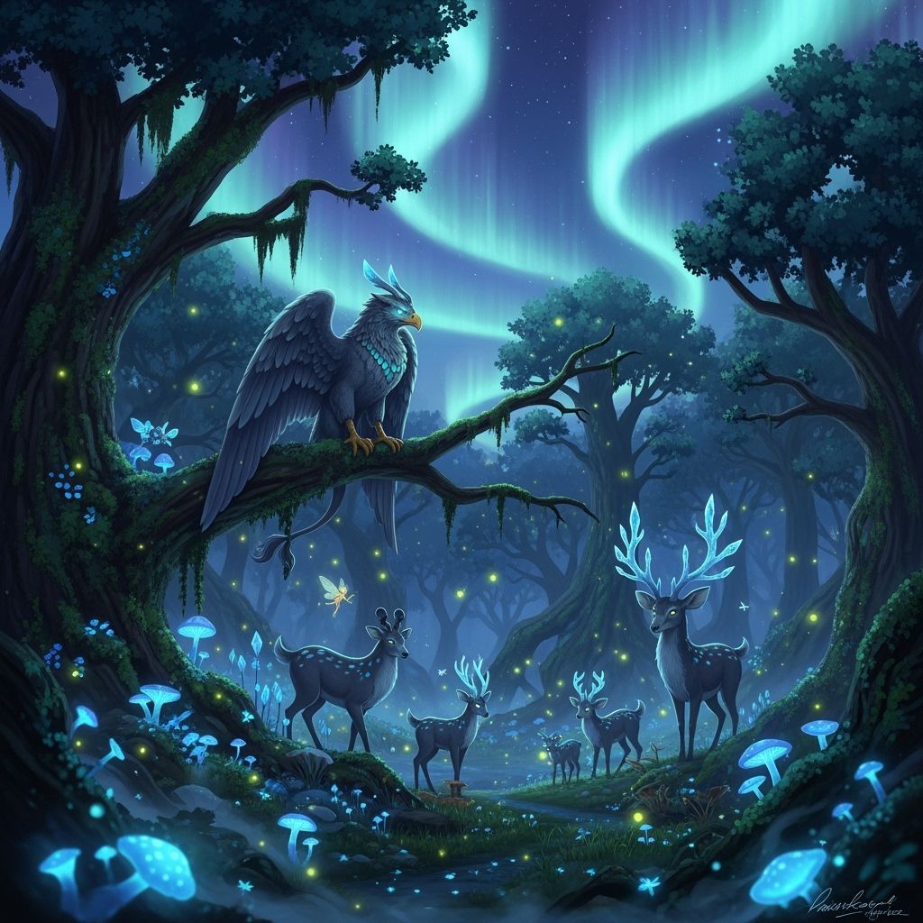Enchanted Twilight Forest with Auroras and Mythical Creature...