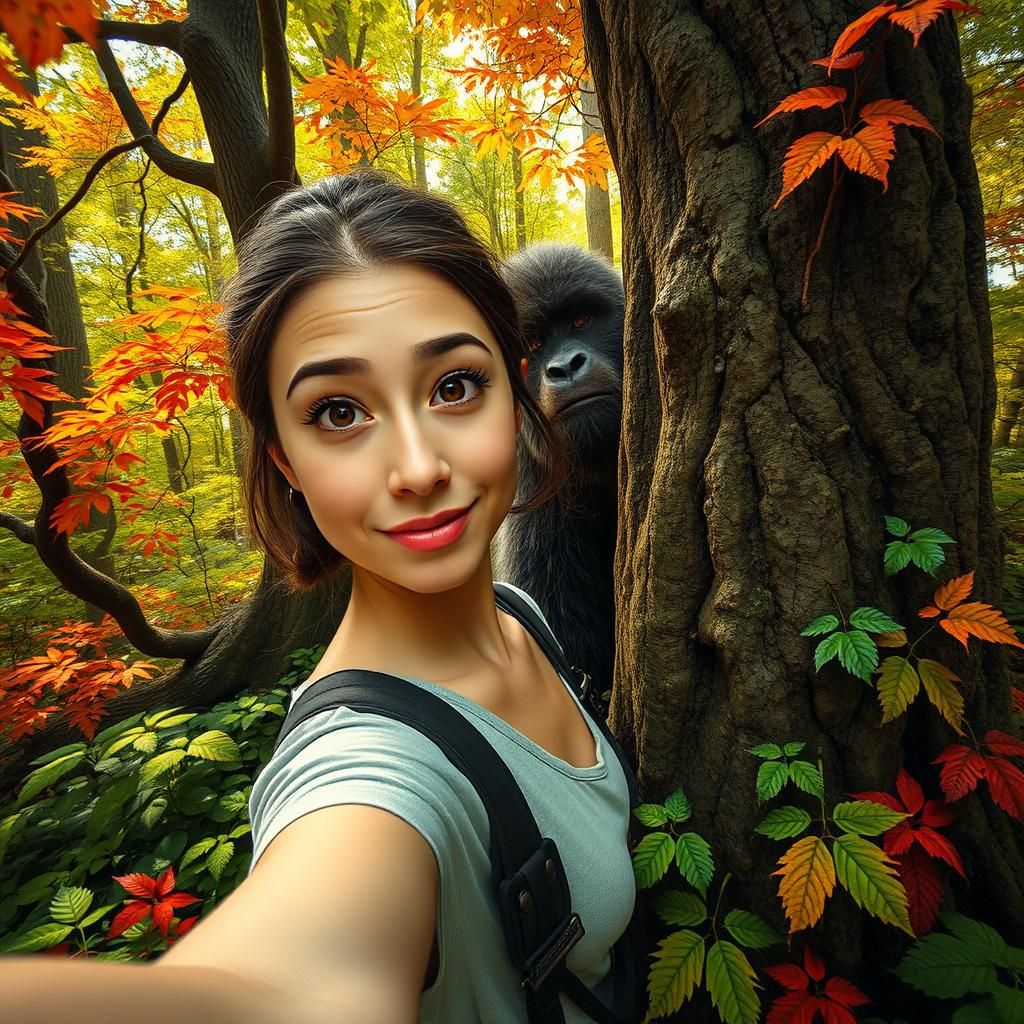 Enchanting Forest Selfie with Bigfoot, Dreamlike Illustratio...