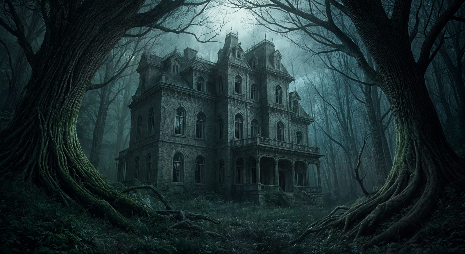 Spooky Victorian Haunted Mansion in Moonlit Forest