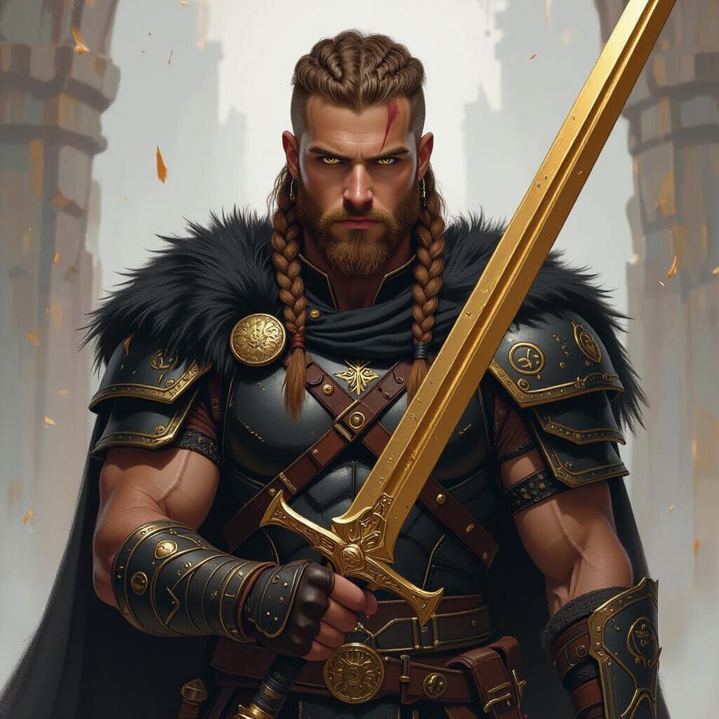 Viking Warrior with Golden Sword in Dramatic Lighting