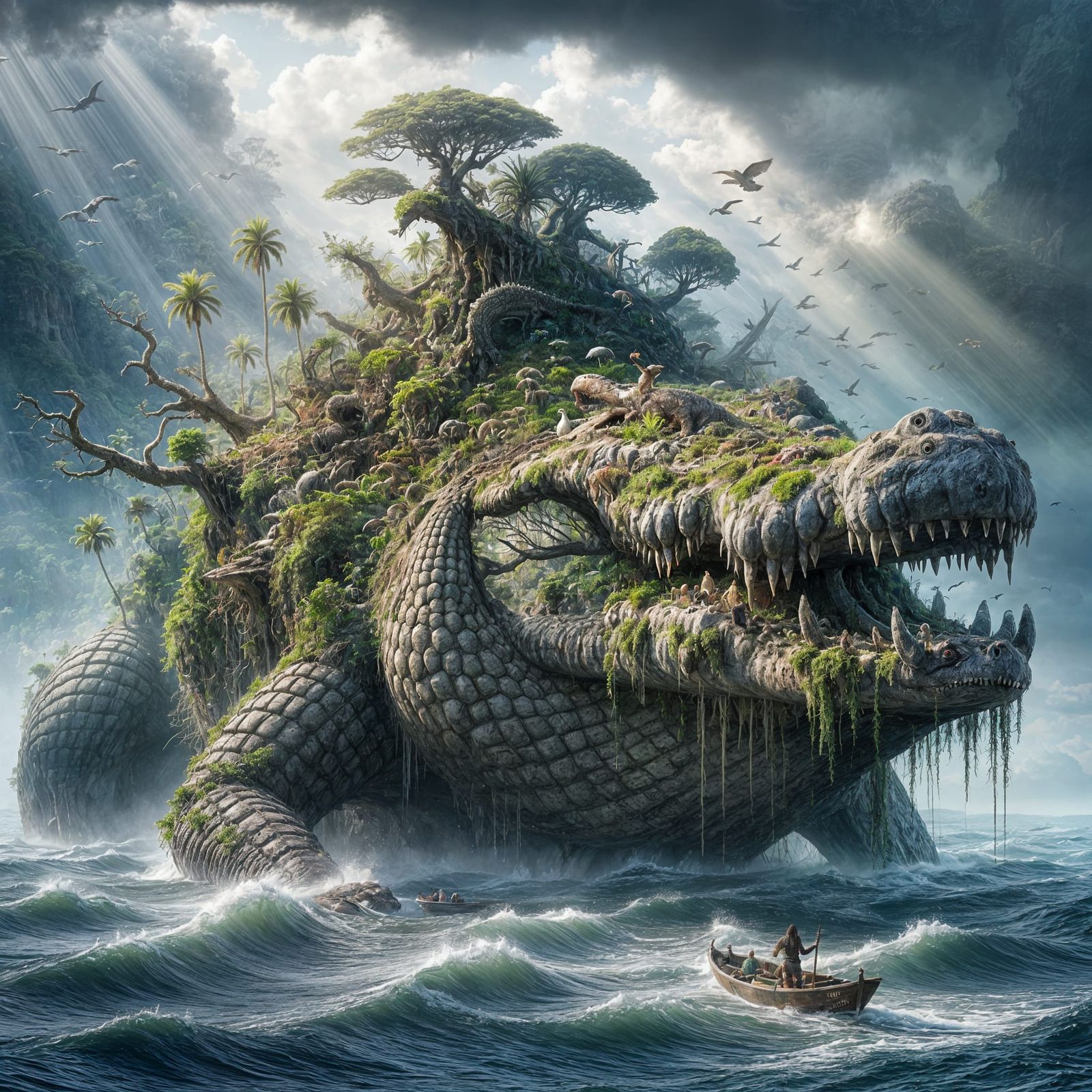 Colossal Ancient Crocodile Island Emerges from Misty Ocean