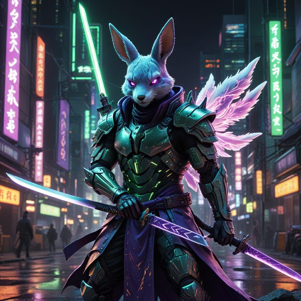 Cyberpunk Anime Masterpiece of 4-Armed Rabbit Fox Monk Unlea...