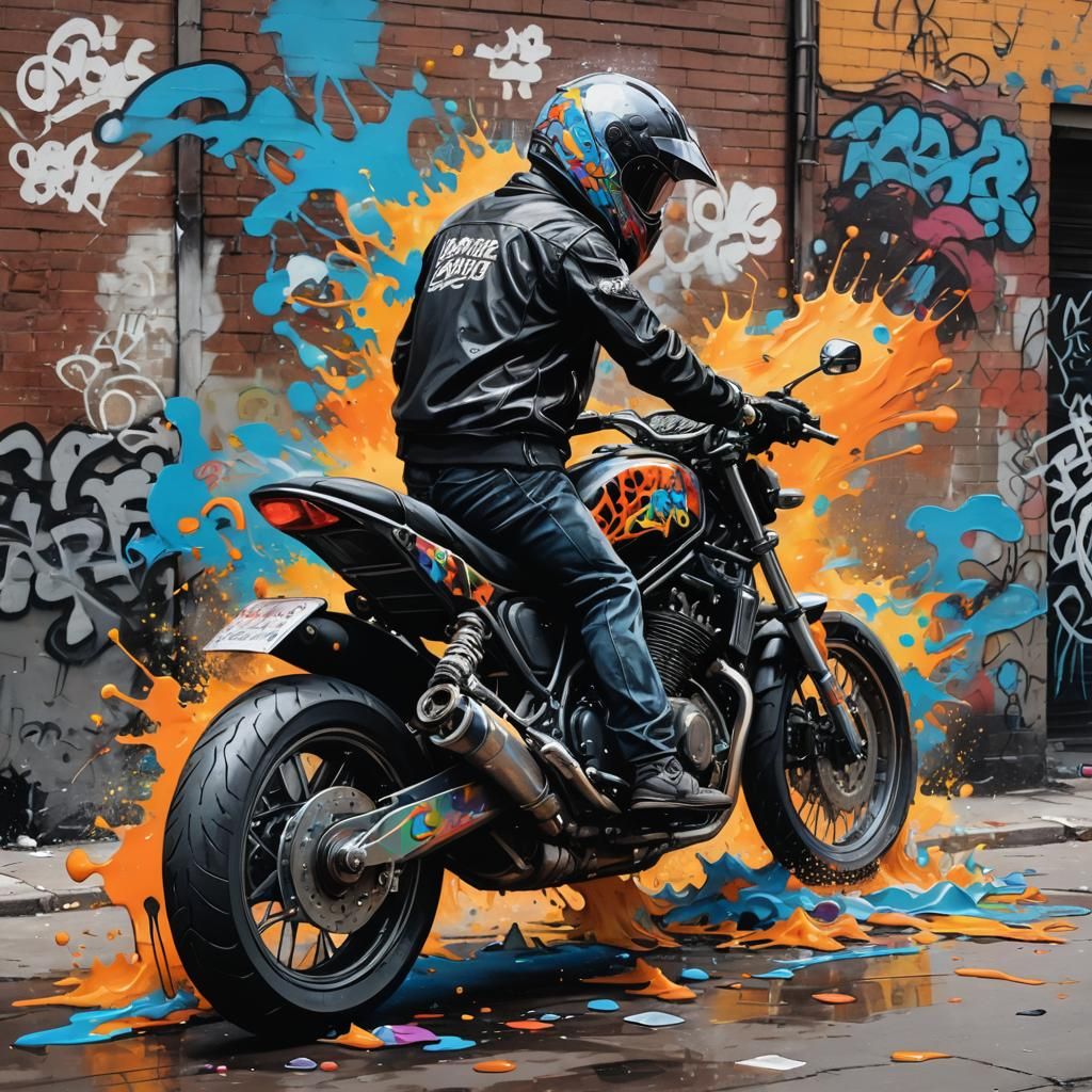 Motorcycle Rider in Graffiti Splash Art Style