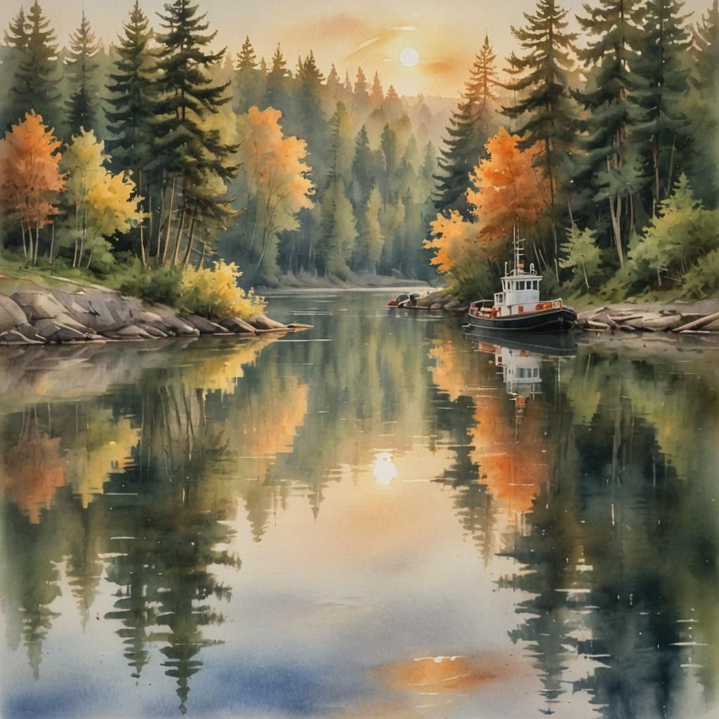 Watercolor Tugboat on Forested Lake at Sunset