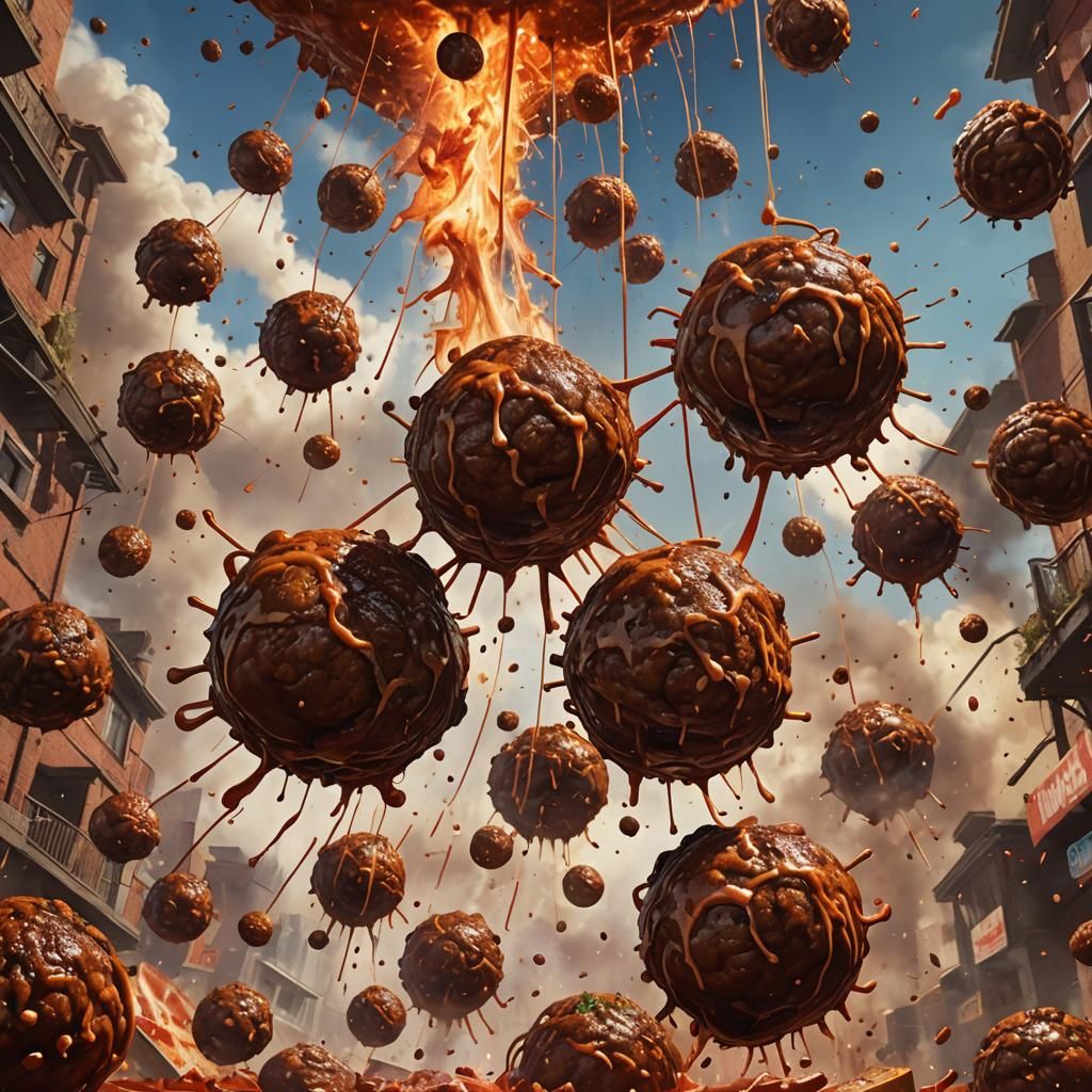 Hyperrealistic Giant Meatballs Falling From Sky