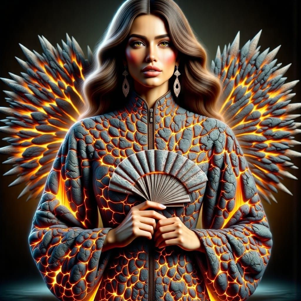 Elegant Lady with Fan in Ornate Gown