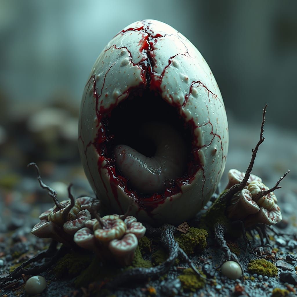 Surreal Alien Egg in a Grim, Organic Landscape