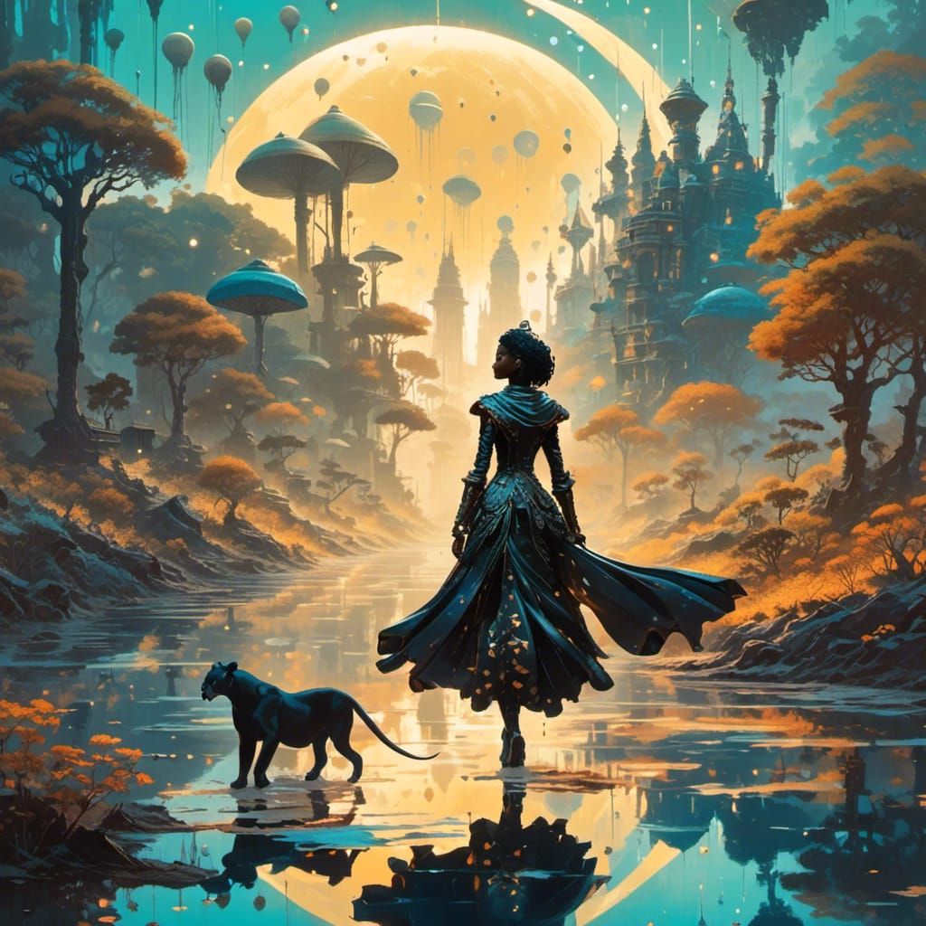 Panther Woman in Afrofuturist Dreamscape