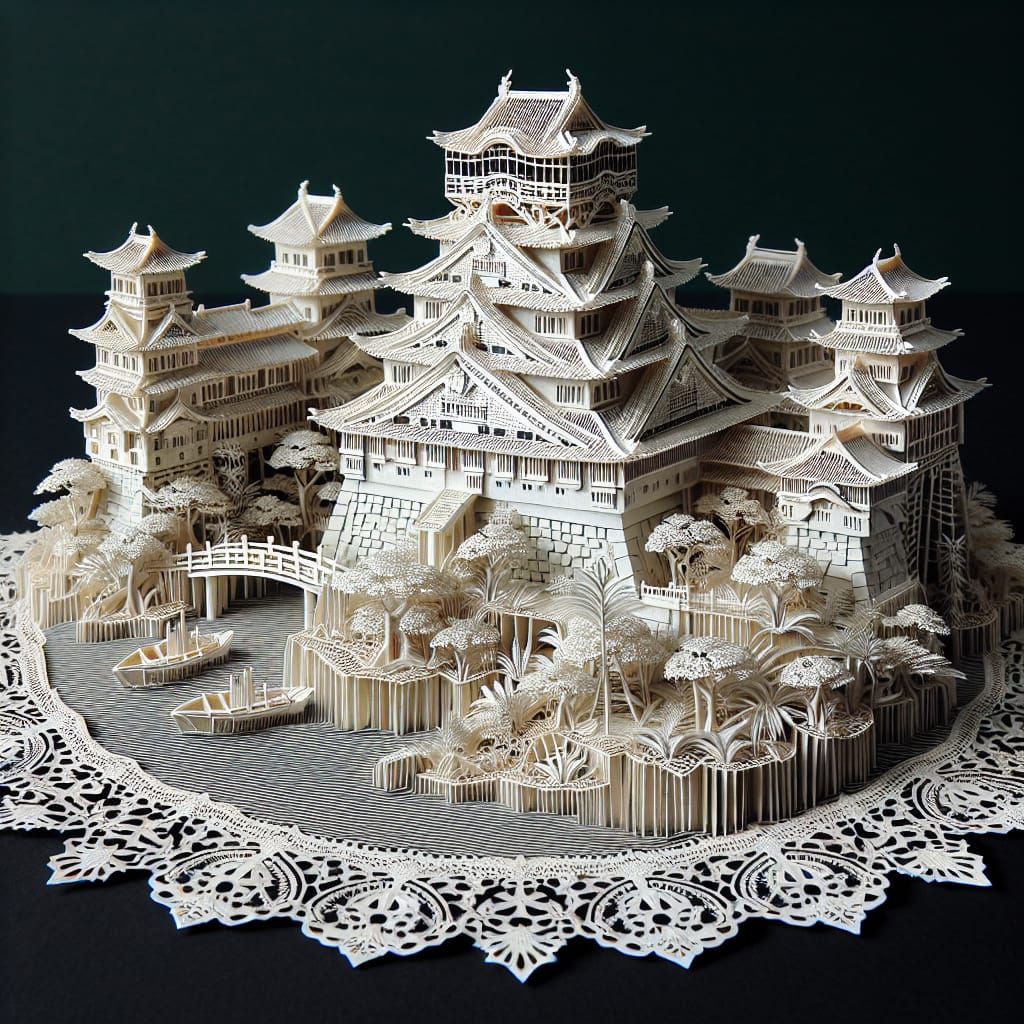 Intricate Origami Castle with Embroidered Filigree Texture