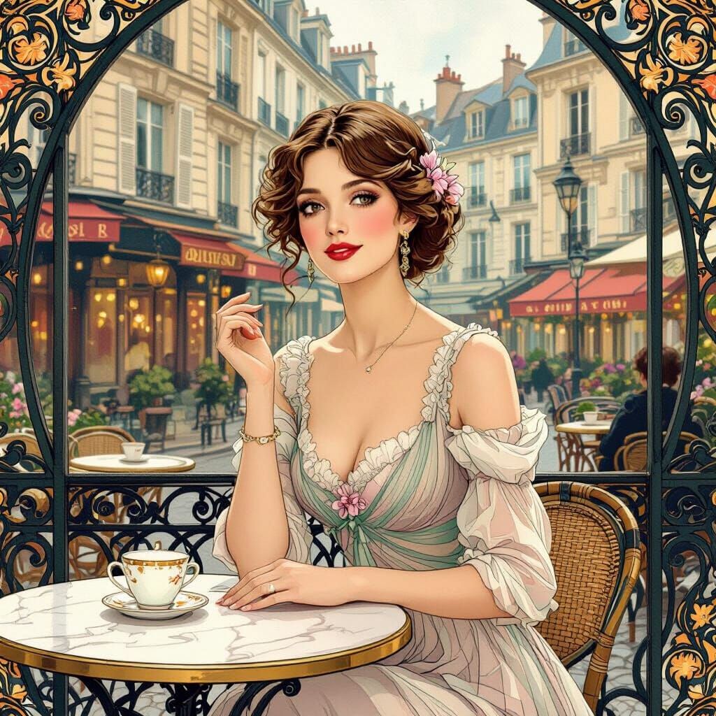 Elegant Woman in French Cafe, Art Nouveau Style