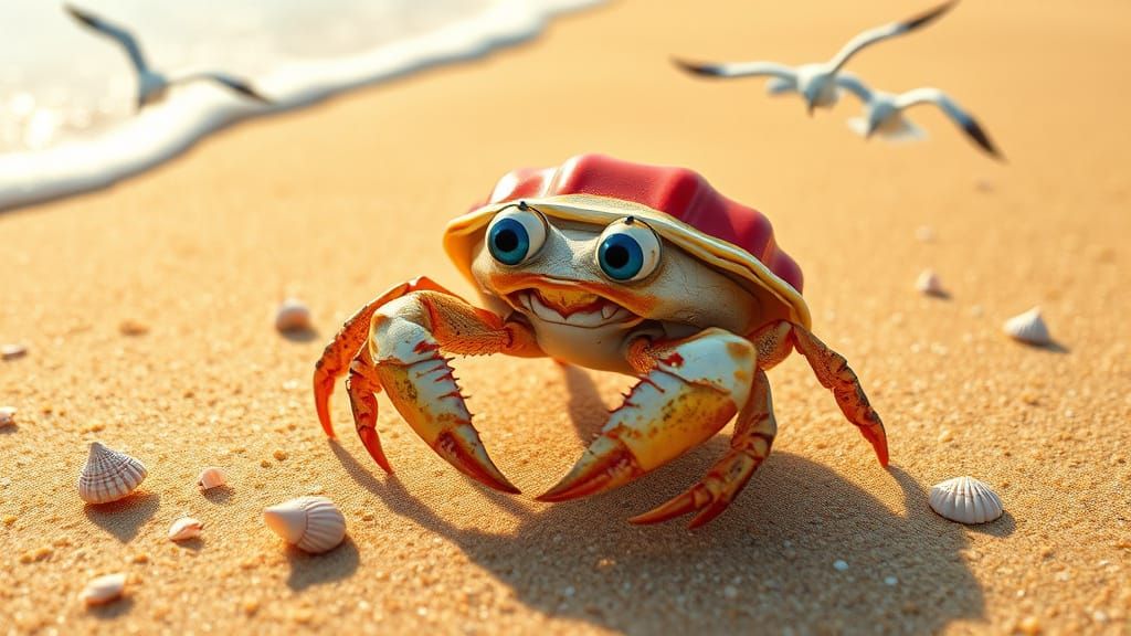 Whimsical Hermit Crab with Pepsi Cap Shell on Golden Sand