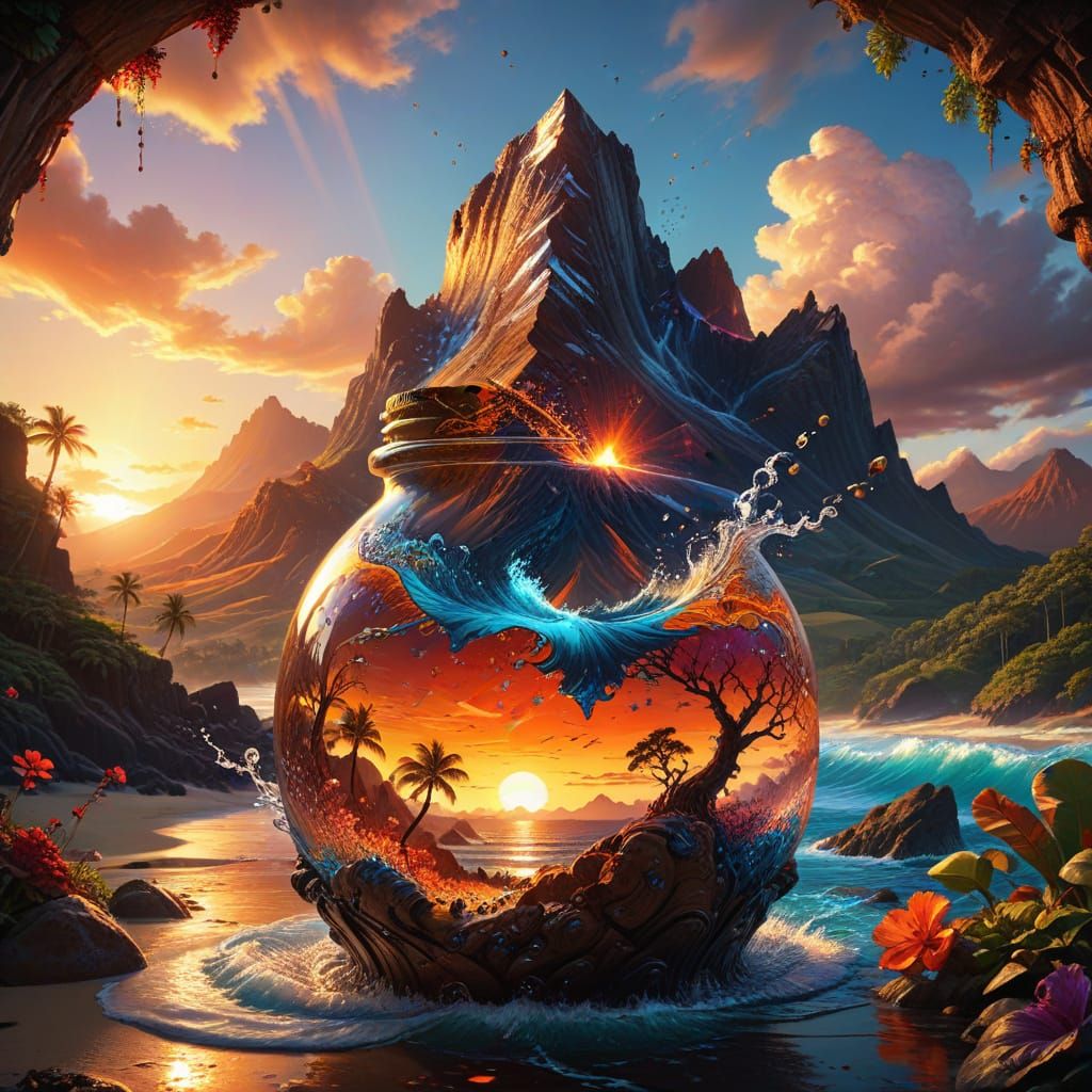Fantasy Hawaiian Bottle Landscape at Sunset