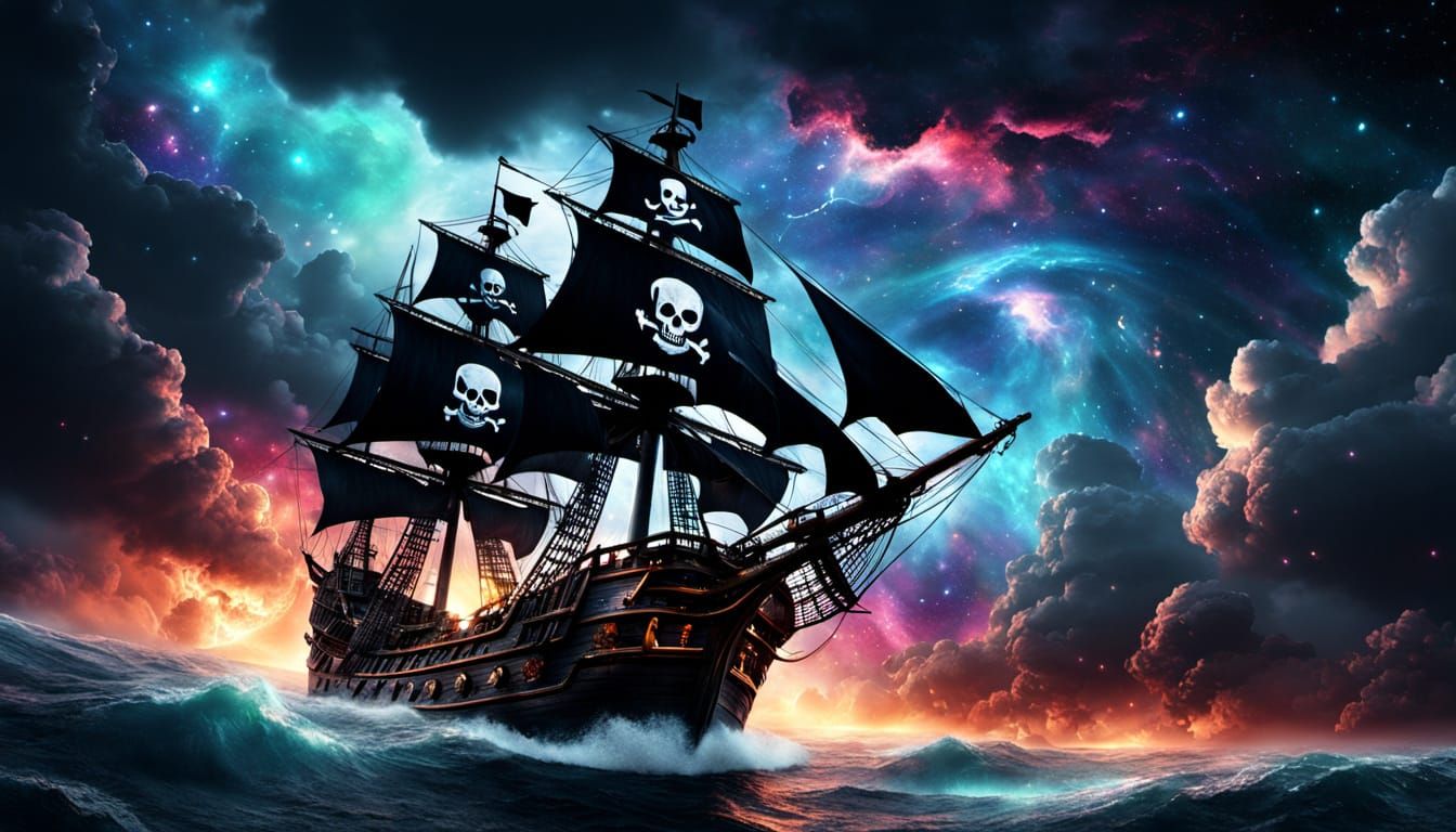 Surreal Pirate Ship Battles Cosmic Storm in Hyperrealistic D...
